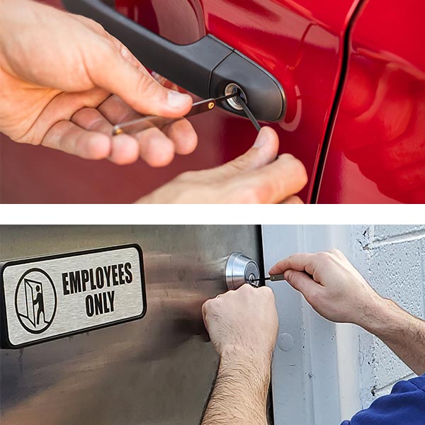 Using locksmith tools to unlock door lockout service for cars and commercial locks