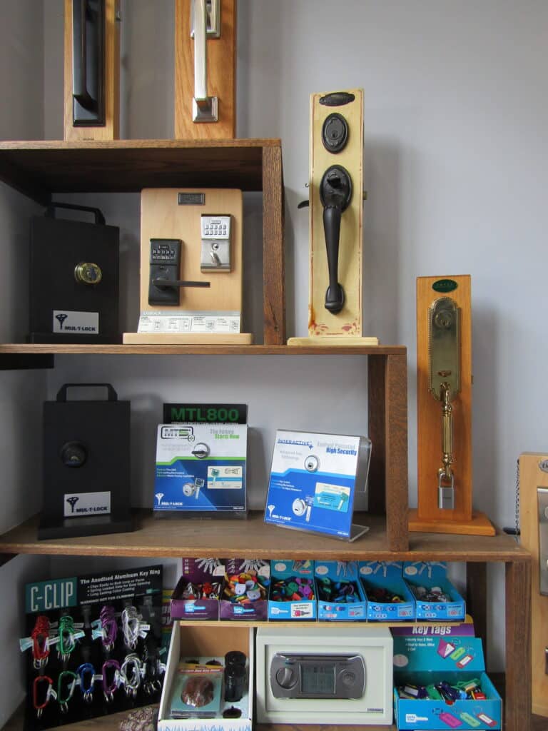 Storefront shelves displaying various lock types Storefront shelves displaying various lock types